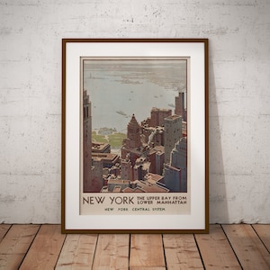 May include: Vintage travel poster advertising the New York Central System with a view of the Upper Bay from Lower Manhattan. The poster features a colorful illustration of the city skyline with the text "New York, The Upper Bay from Lower Manhattan, New York Central System."