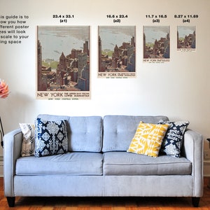 May include: A guide to help you visualize how different poster sizes will look in your living space. The guide shows four different sizes of a vintage poster of New York City, with the text "NEW YORK THE UPPER BAY FROM LOWER MANHATTAN NEW YORK CENTRAL SYSTEM" on the poster.