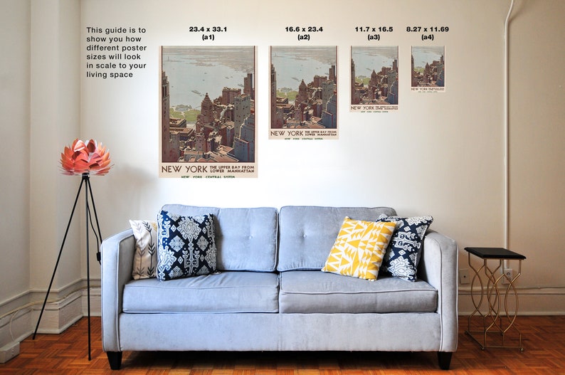 May include: A guide to help you visualize how different poster sizes will look in your living space. The guide shows four different sizes of a vintage poster of New York City, with the text "NEW YORK THE UPPER BAY FROM LOWER MANHATTAN NEW YORK CENTRAL SYSTEM" on the poster.