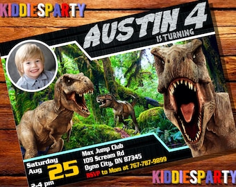 May include: A dinosaur-themed birthday invitation for a boy named Austin turning 4. The invitation features a photo of a young boy, a green jungle background, and two dinosaurs. The text on the invitation reads "Austin is turning 4" and includes details about the party, including the date, time, and location.