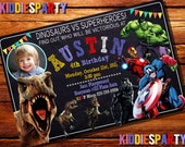 Dinosaurs vs Superhero Invitation With Photo, Dinosaurs Invitation,Dinosaurs Birthday, Superhero Birthday, Superhero Invitation