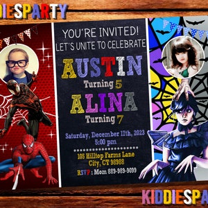 Sibling Birthday Invitation, Wednesday Addams and Spiderman Invitation,Wednesday Addams Invitation,Superhero Invitation,Avengers Invitation