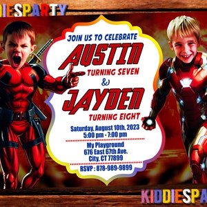 Joint Birthday Invitation with Personalize Photo, Deadpool and Iron Man Birthday Invitation, Sibling Invitation, Twin Birthday Invitation