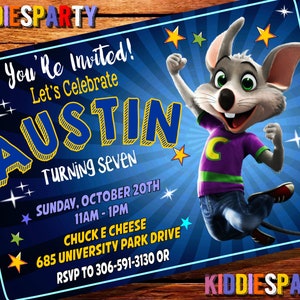 Chuck E Kaas met foto-uitnodiging, Chuck E Cheese Birthday, Chuck E Cheese Party, Chuck E Cheese Invites, Cheese Invitation, Personaliseer 7