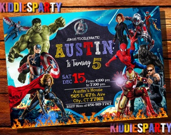 May include: A colorful invitation for a child's 5th birthday party featuring images of popular superhero characters from the Avengers movie franchise. The invitation includes the text "Join us to celebrate! Austin is turning 5" and details about the party, including the date, time, and location.