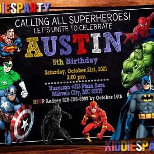 May include: A black chalkboard with a superhero themed birthday party invitation for a boy named Austin turning 5. The invitation features images of Superman, Green Lantern, Captain America, Black Panther, The Flash, Spiderman, Hulk, and Batman. The invitation includes the date, time, and location of the party.