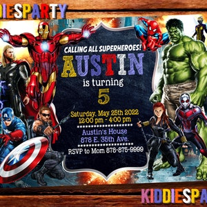 May include: A superhero-themed birthday party invitation for a child turning five. The invitation features a colourful illustration of various superheroes, including Iron Man, Thor, Captain America, Hulk, Spider-Man, Black Widow, and Ant-Man. The text on the invitation reads "Calling all superheroes! Austin is turning 5. Saturday, May 25th 2022, 12:00 pm - 4:00 pm, Austin's House, 878 E. 35th Ave., RSVP to Mom 878-875-9999."