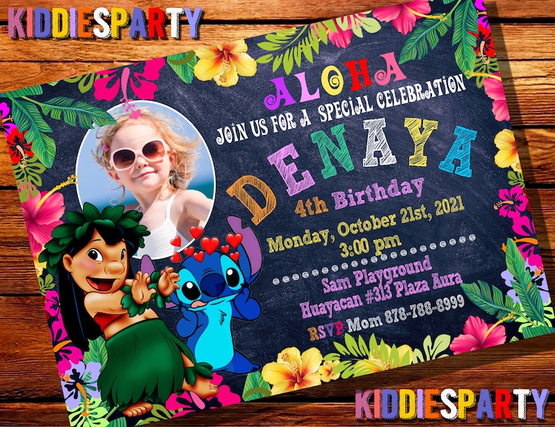 May include: A colorful invitation for a 4th birthday party with a chalkboard background. The invitation features a photo of a young girl, a cartoon of Lilo and Stitch, and the text "ALOHA JOIN US FOR A SPECIAL CELEBRATION DENAYA 4th Birthday Monday, October 21st, 2021 3:00 pm Sam Playground Huayacan #313 Plaza Aura RSVP Mom 878-788-8999".