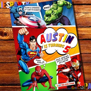 Superheld uitnodiging, Avengers uitnodiging, Avengers verjaardag, superheld verjaardag, superheld cartoon, Marvels vs Dc Comics Uitnodiging 8