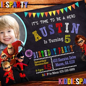 La increíble invitación con la foto, la invitación de los increíbles, el cumpleaños de los increíbles, los increíbles digitales, el póster de los increíbles