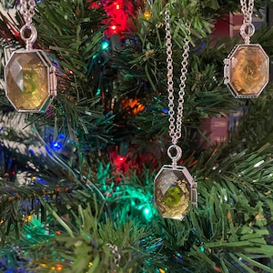 May include: Silver-toned necklaces with octagonal pendants hang from a Christmas tree. Each pendant has a clear, faceted front, revealing a golden interior with a green letter "S". The tree is decorated with colorful lights.