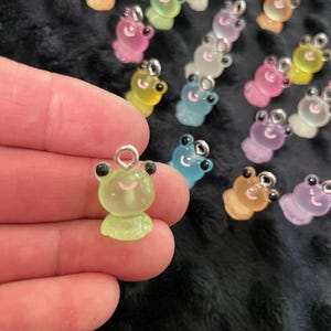 May include: A collection of small, colorful frog charms with silver jump rings. The charms are made of translucent plastic and have a glossy finish. The frogs are in various colors, including green, blue, pink, and yellow.