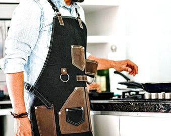 Chef Aprons for Men Women with Large Pockets, Leather Cross Back Heavy-Duty Adjustable Work Apron, Size M to XXL (Black)