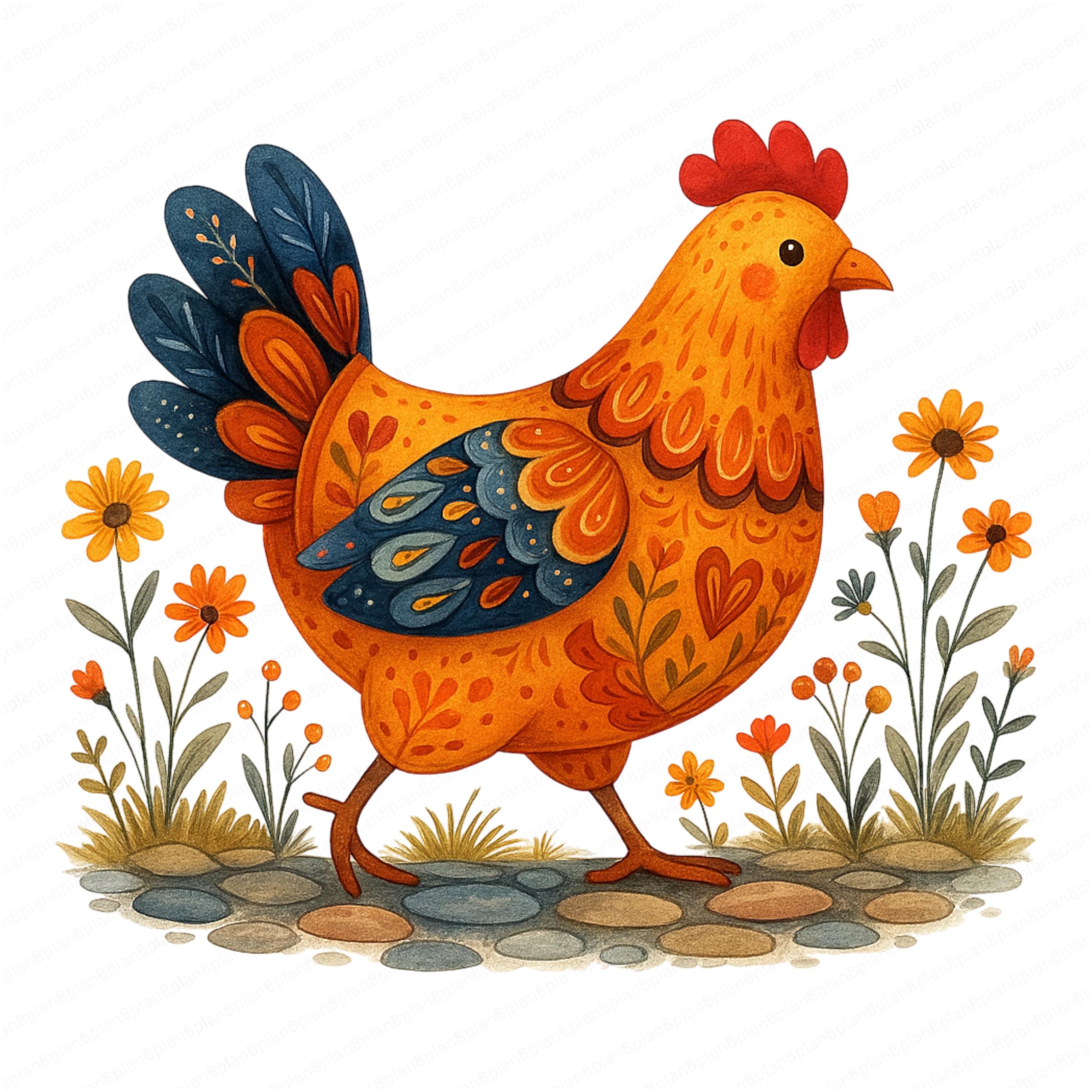 Rooster Fall Graphics 10 PNG/JPG Fall Chicken Clipart PNG, Farmhouse Rooster Watercolor ...