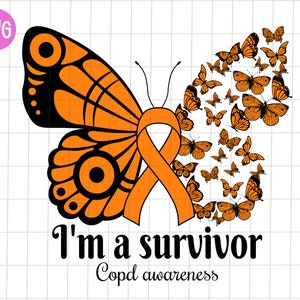 May include: A graphic design featuring a butterfly with one wing detailed and the other composed of smaller butterflies. An orange ribbon is in the center. Text reads "I'm a survivor" and "Copd awareness".