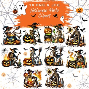 10 PNG/JPG Watercolor Halloween Clipart, Ghost Party Halloween Clipart, Ghost Clipart, Skeleton Clipart, Pumpkin, Spider, Commercial Use
