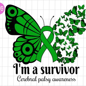 Op de afbeelding: Een groene vlinder met een groen lint waarop "Ik ben een overlevende" en "Cerebrale parese bewustzijn" staat.