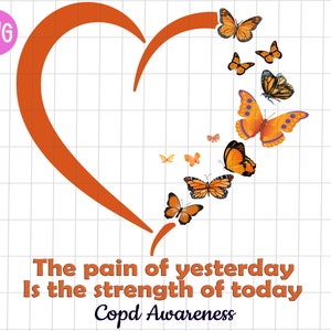 Puede incluir: Corazón naranja con el texto "The pain of yesterday is the strength of today" y "Copd Awareness" debajo. Mariposas naranjas y amarillas vuelan fuera del corazón.