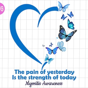 Myositis Awareness the pain of yesterday is the strength of today png, Myositis awareness heart sublimation, Myositis orange butterfly png