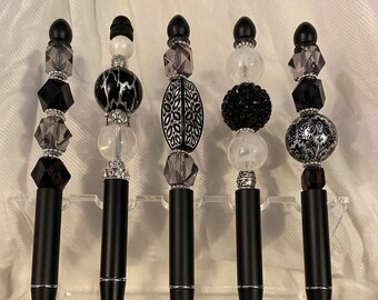 Black beaded and bling jewel pen. Ballpoint. Custom. Fashion. Gift. Wedding. Graduation. Mother's Day. Party Favor.