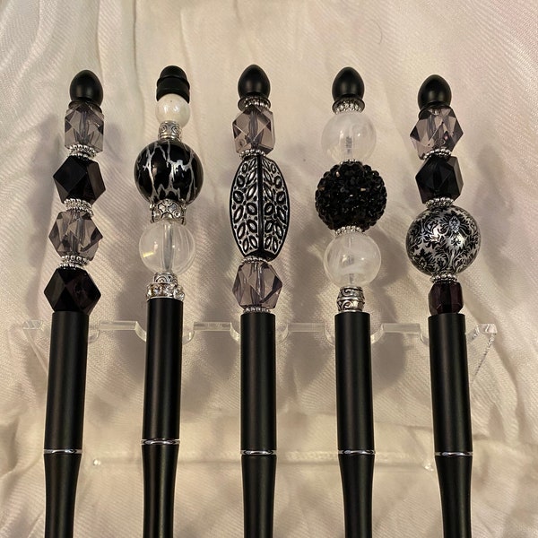 Black beaded and bling jewel pen. Ballpoint. Custom. Fashion. Gift. Wedding. Graduation. Mother's Day. Party Favor.