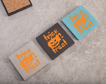Concrete Square Coasters For Party Drinks Engraved Trick Or Treat Made From Beton Unique Designer Coasters With Spooky Pumpkin