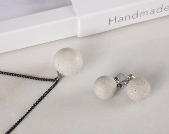 Concrete Jewelry Set Of Studs And Pendant In Silver Color, Unique OOAK Design In Sphere Shapes / Mother's Day Gift, 8 March