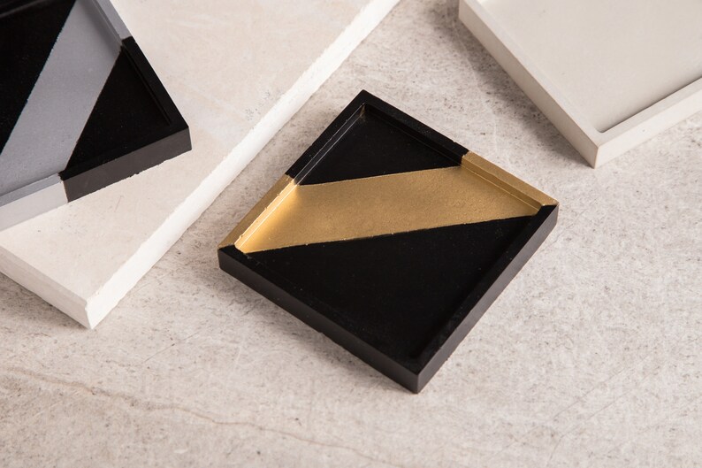 Square Concrete Tray Ring Holder Key Tray Decorative Tray Concrete New Home Gift For Him Designer Tray Geometric Jewelry Tray Catch All Tray Gold and Black