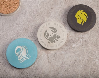 Zodiac Symbols Coasters, Round Concrete Coaster, Horoscope Coasters, Unique Gift, Modern Cup Pad, Drink Coasters, Astrology Custom Gift