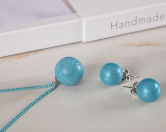 Concrete blue ball pendant necklace and blue ball stud earrings set. Spherical jewelry made from concrete unique charm mother's day gift