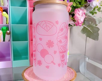 Sakura Glass Tumbler: Bamboo Lid & Glass Straw - Iced Coffee