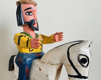 Don Pedro on Horse Statue / Guatemalan / Vintage / Wooden / Mayan Art / Hand Carved Hand Painted Wood / Folk Art / Sculpture