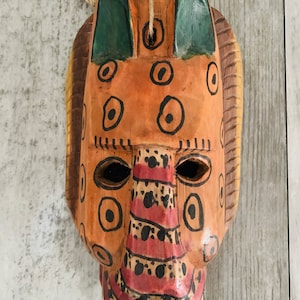 Contented Jaguar Wooden Mask / Guatemalan/ Vintage / Mayan Art / Hand Carved Hand Painted / Wall Hanging / Wall Art / Folk Art