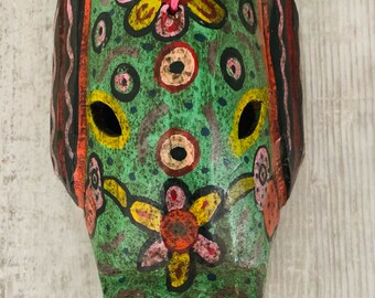 Flowered Wild Boar Wooden Mask/ Guatemalan/ Vintage / Mayan Art / Hand Carved Hand Painted / Wall Hanging / Wall Art / Folk Art