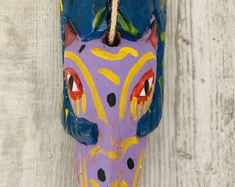 Handsome Ram Wooden Mask / Guatemalan / Vintage / Mayan Art / Hand Carved Hand Painted / Wall Hanging / Wall Art / Folk Art
