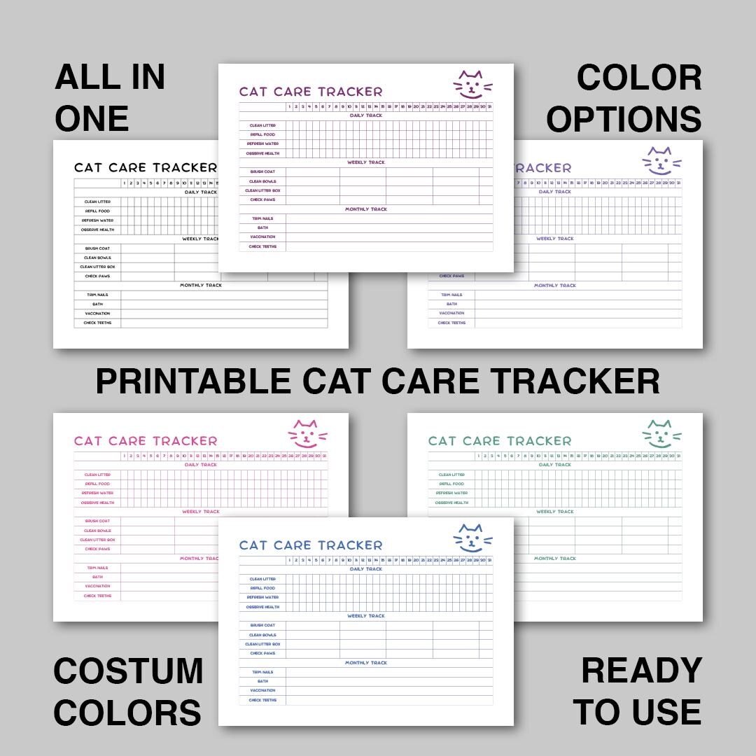 Cat Care Tracker, Printable Monthly Tracker for Daily, Weekly, Monthly ...