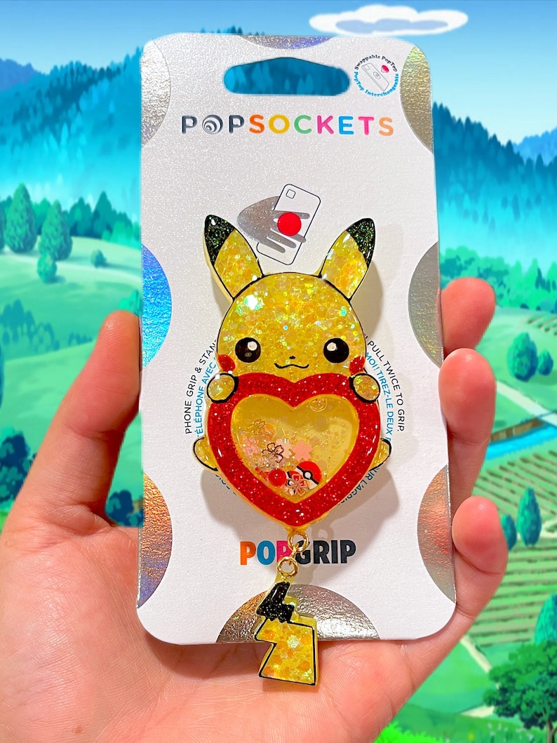 PREORDER Yellow Pika Poke Resin Red Heart Shaker Popsocket Grippy Phone Grip 