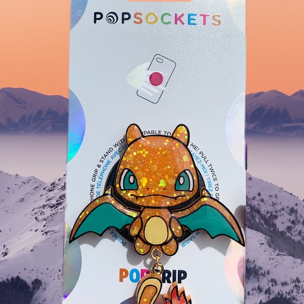 PREORDER Charizard Charmander Fire Dragon Pokemon Inspired Orange Teal Handmade Resin Custom Popsocket