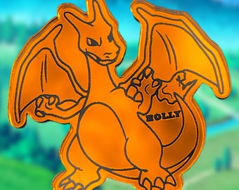 Poke Inspired Mirrored Laser Cut Acrylic Charizard Custom Personalized Popsocket or Badge Reel Add your name