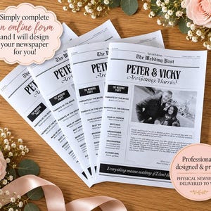 May include: A stack of white paper wedding programmes styled as newspapers titled The Wedding Post with the headline Peter & Vicky Are Getting Married, featuring a black and white photograph of a couple and sections for the wedding party.