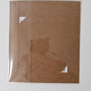 May include: A square, brown paper item is encased in a clear plastic sleeve. The paper has a small, triangular cut-out in the upper left corner and another in the lower right corner. A white label is visible through the cut-outs.