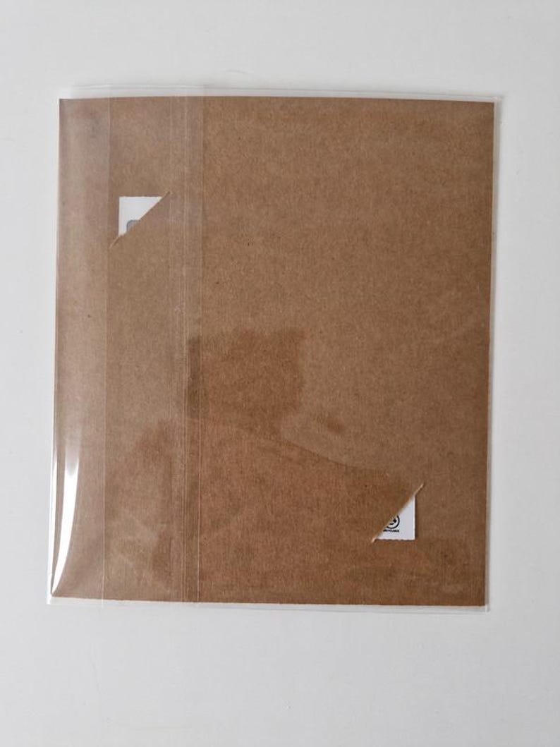 May include: A square, brown paper item is encased in a clear plastic sleeve. The paper has a small, triangular cut-out in the upper left corner and another in the lower right corner. A white label is visible through the cut-outs.