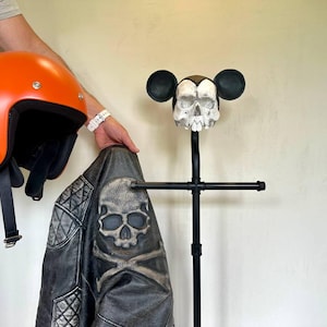 Motorcycle Gear Hanger, Skull Helmet Rack & Leather Jacket Stand, Biker Wall Decor for Garage or Man Cave