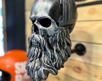 Bearded Skull Helmet Rack, Custom Motorcycle Helmet Holder, Handcrafted Biker Wall Mount, Garage Decor, Gift for Motorbike Rider
