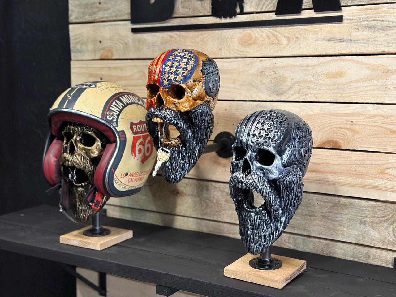 Suporte para capacete de motocicleta em formato de caveira feito à mão: presente para motociclistas, suporte para barba viking