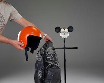 Motorcycle Helmet Stand with Skull Holder and Biker Jacket Hanger | Riding Gear Organizer | Unique Gift for Rider