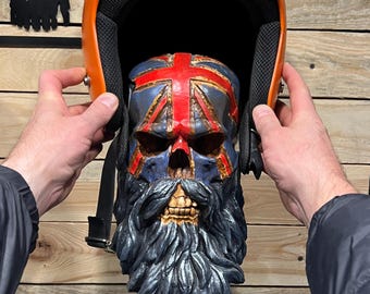 Skull Helmet Hanger with Beard: Motorcycle Biker Gift, Man Cave Decor Wall Mount