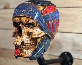 Skull Motorcycle Helmet Hanger: Native American Indian Biker Decor