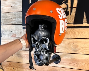 Motorcycle Helmet Holder Skull Biker Gift Wall Mount Rack Piston Motorbike Gear Display Garage Men Cave Decor