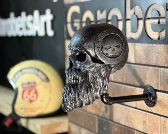 Helmet Holder skull with beard, Motorcycle Helmet Hanger, Motorcycle Decor